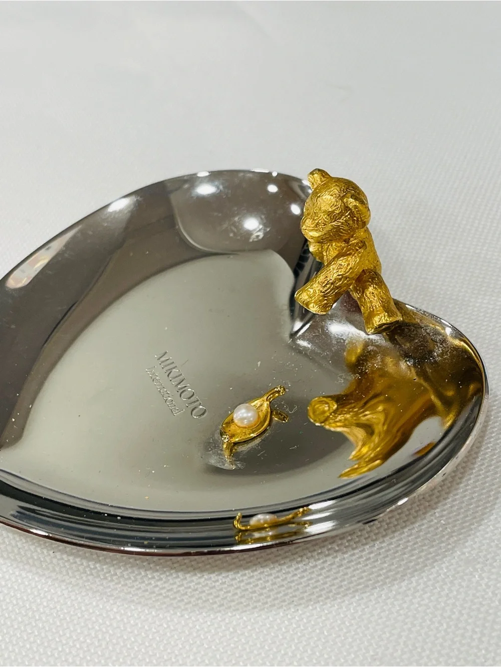 Mikimoto Silver Plated Heart Golden Bear with Pearl Jewelry Accessories Tray
